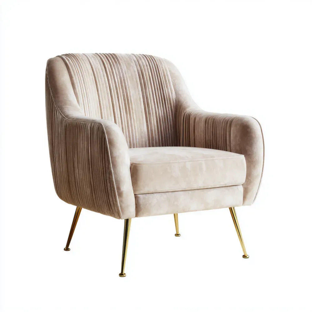 Armchair Velvet Upholstered with Gold Legs 75x85x90 cm – Beige – Modern Style