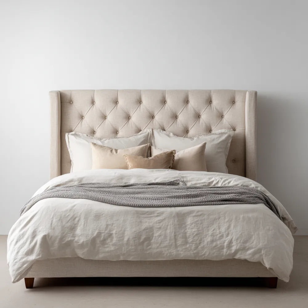Double Bed Upholstered Linen 200x150x120 cm - Beige - Classic Design