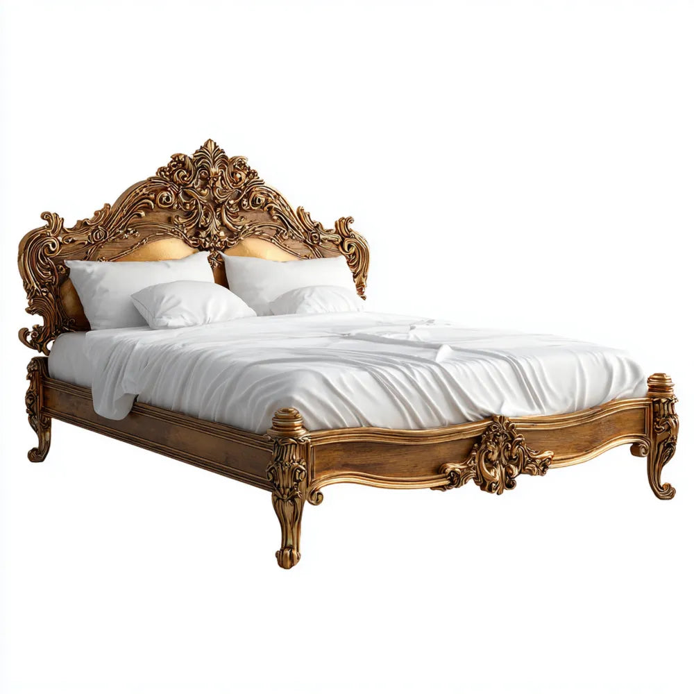 Double Bed Carved Wood 200x160x140 cm - Gold Finish - Baroque Style