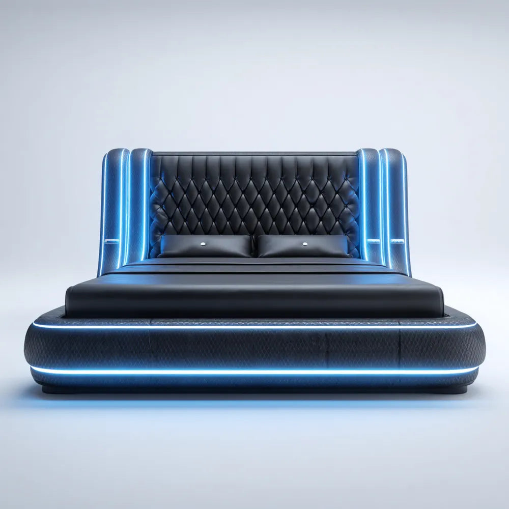 Luxury Double Bed 200x180x110 cm - Black Leather Upholstery with LED Modern Design