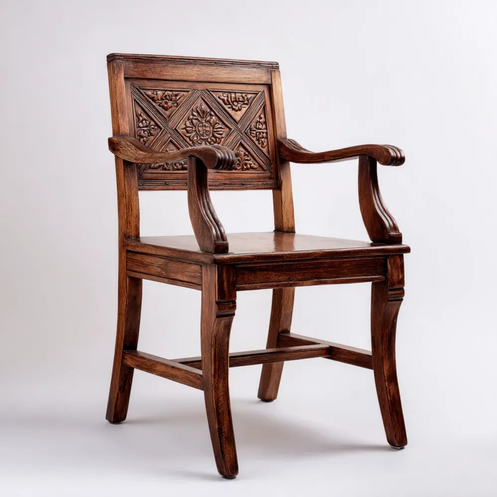 Wooden Armchair with Carved Backrest - 60x55x90 cm - Brown - Antique Design